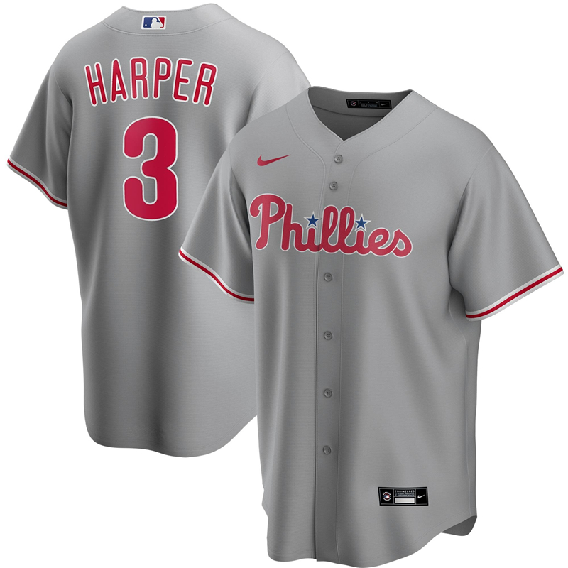 2020 MLB Men Philadelphia Phillies #3 Bryce Harper Nike Gray Road 2020 Replica Player Jersey 1